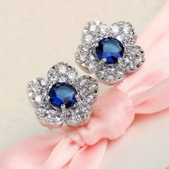 Sapphire Blue Pave Crystal Flower Stud Earrings - Picture 2 of 4